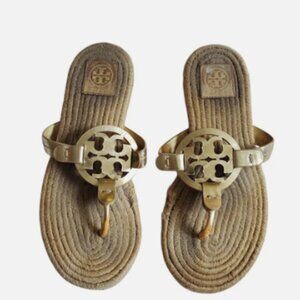 Tory Burch Gold Miller Sandals Espadrilles Straw Women 9 Thong Flip Flop